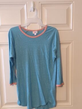 LuLaRoe Girls' Light Blue Long Sleeve Tee with Pink Trim